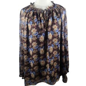 NWT TAHARI Woman Black Boho Floral Semi-Sheer Lined Ruffle Blouse Size 2X